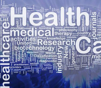 A word cloud made of several words related to healthcare such as medical, research, and therapy.