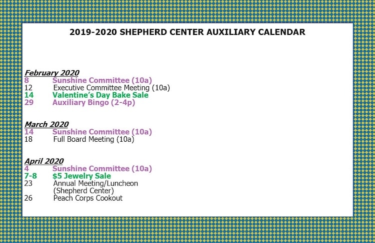 Shepherd Center Auxiliary Calendar 2019-2020