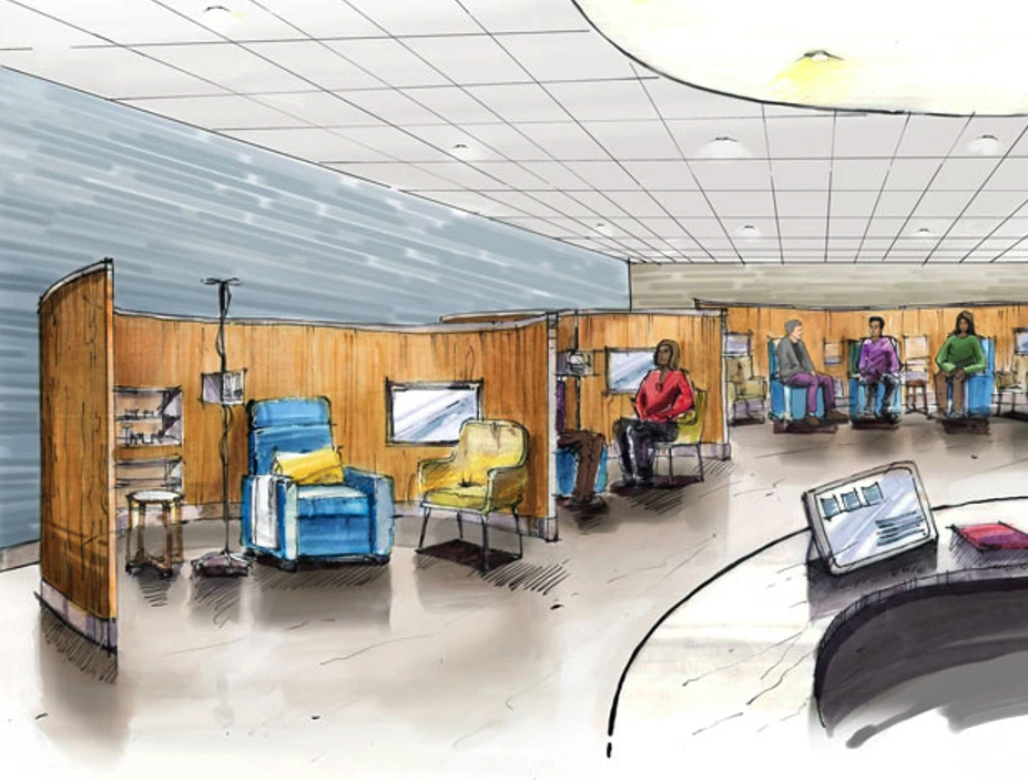 Watercolor rendering of Shepherd Center patients receiving care at a newly renovated Marcus Woodruff Building