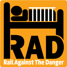 Graphic of a person sleeping on a lofted bunk with a rail with text Rail Against the Danger