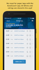 Screenshot of a sample driving log on the Auto Coach app