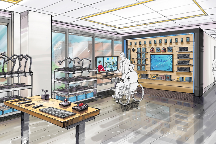 A visual depiction of the future assistive technology showroom where an assistive technology specialist presents a solution to a person in a wheelchair. The space is surrounded by walls filled with diverse devices and equipment available for trial.