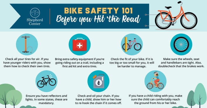 Bike Safety 101 infographic displaying tips for before you hit the road