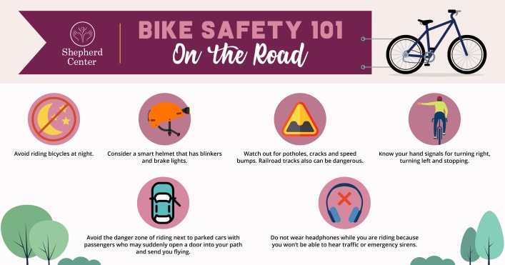 Bike Safety 101 infographic displaying tips for when you're on the road