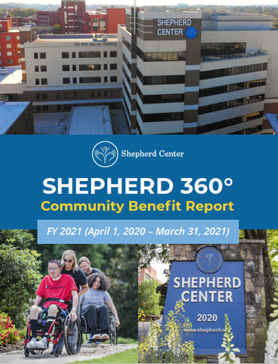 Three images: an aerial view of Shepherd Center; two therapists accompany patients on a hike; the Shepherd Center signage that says &quot;Shepherd Center, 2020, www.shepherd.org.&quot; 