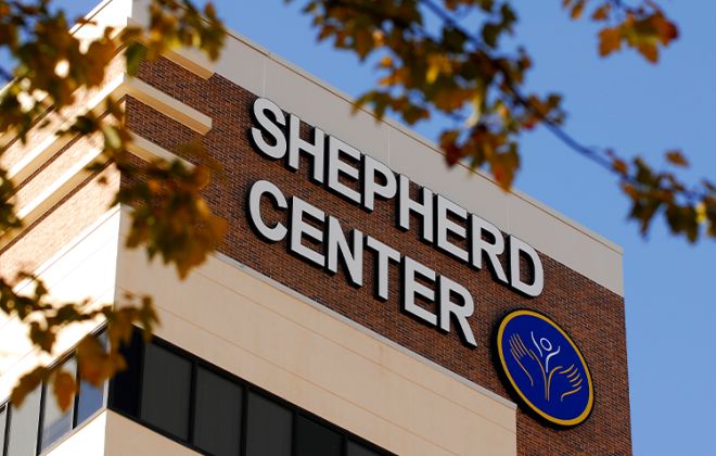 Outside view of the Shepherd Center building and logo