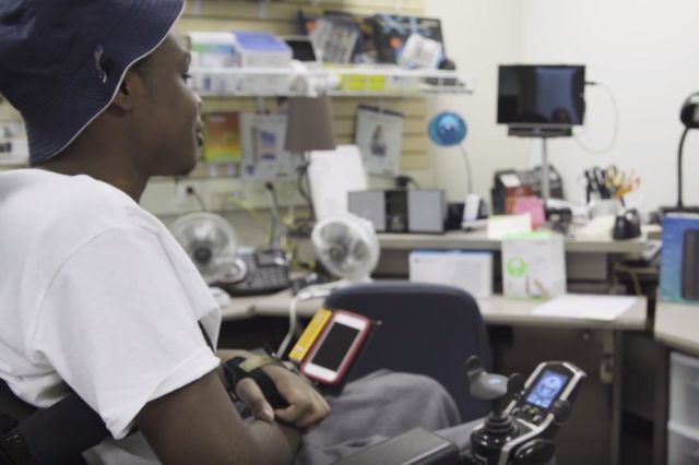 Adolescent patient at Shepherd Center participating in a clinical research study with assistive technology