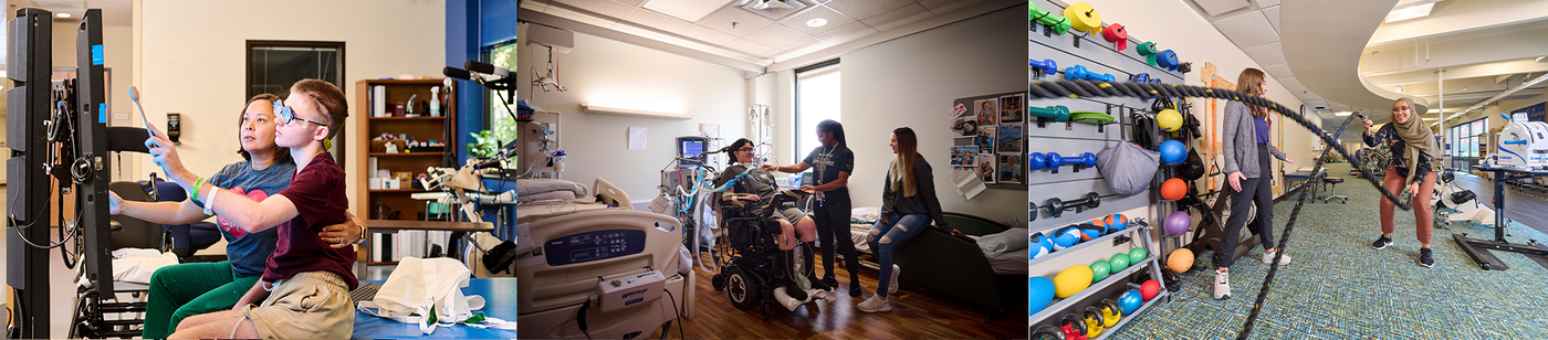 Three images: Patient Jaxon Bruins participates in occupational therapy; Sebastian, who uses a ventilator for breathing support, works with his respiratory therapists; Exercise Physiologist Meghan Santander observes her patient using battle ropes during a training session.