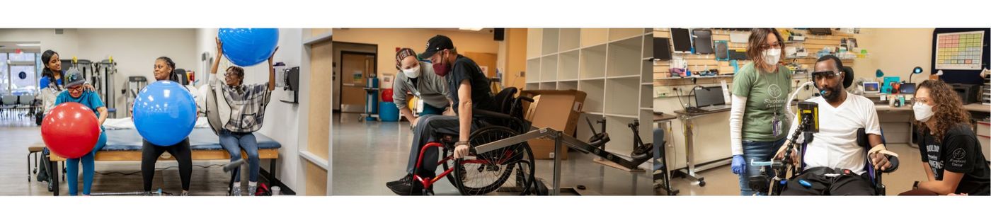 Three images: Female patients holding core balls participating in outpatient rehabilitation; A female physical therapist working with a male patient in a wheelchair to build upper body strength in a therapy gym; and  a patient using assistive technology to utilize his phone without the use of his hands