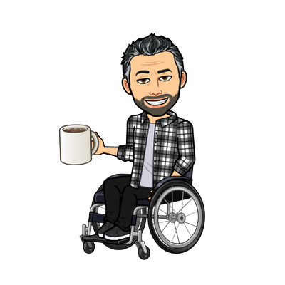  Bitmjoji of sitting in a wheelchair smiling holding a mug of coffee